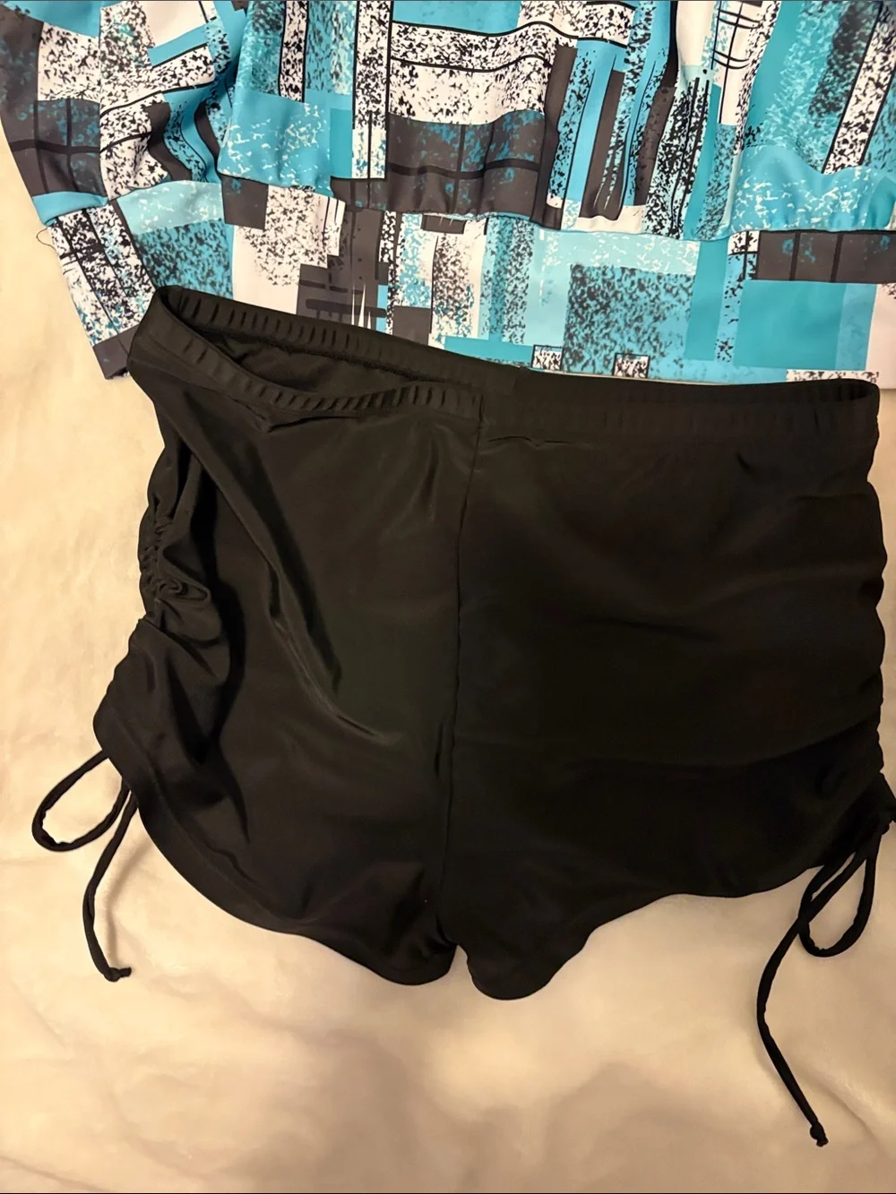 Turquoise & Black Geometric Strapless Tankini with Black Swim Shorts